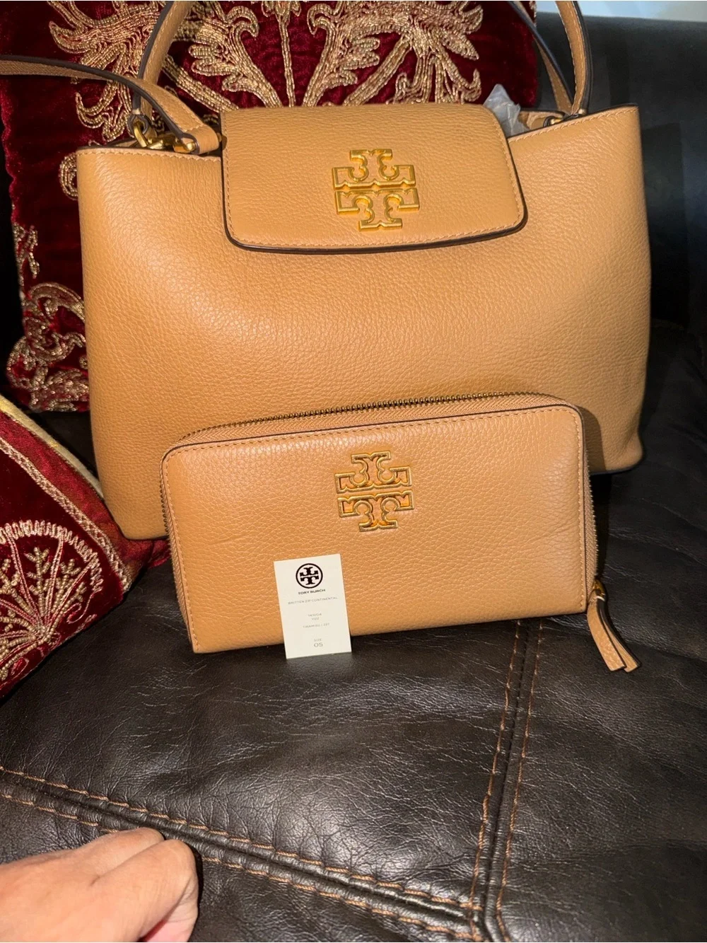 Tory Burch Camel/Tan Pebbled Leather Tote with Zip Wallet Britten Collection.